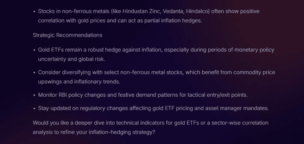 Dashboard view from Stoxo showing real-time gold ETF price trend analysis with charts, correlated stock performance metrics, inflation hedge strategies, and sentiment indicators displayed in an interactive research interface.