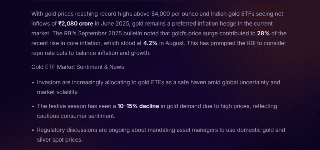 Dashboard view from Stoxo showing real-time gold ETF price trend analysis with charts, correlated stock performance metrics, inflation hedge strategies, and sentiment indicators displayed in an interactive research interface.