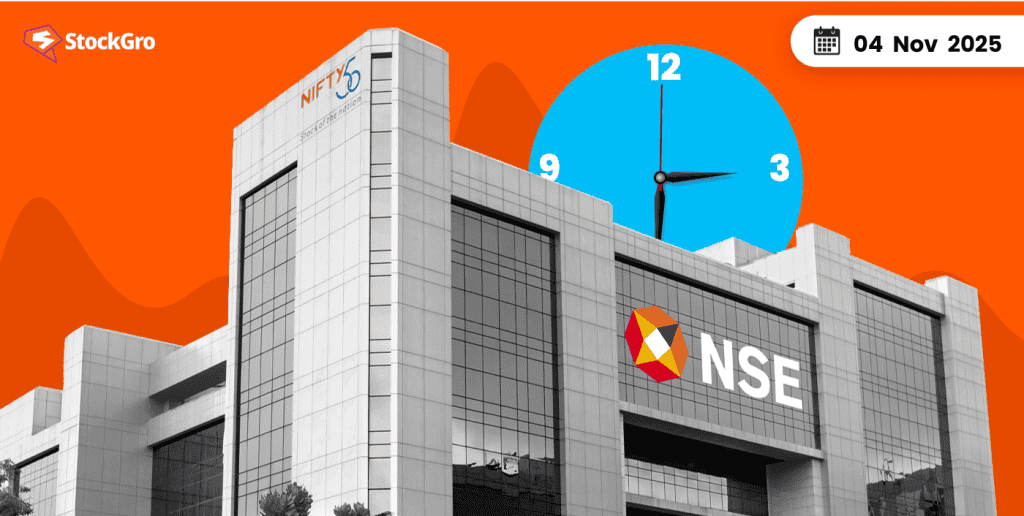 Stock market building with NSE logo and time illustration, featuring a modern office facade and an animated clock displaying the time 3:15, dated 04 Nov 2025.