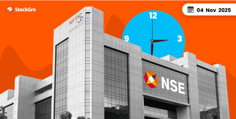 Stock market building with NSE logo and time illustration, featuring a modern office facade and an animated clock displaying the time 3:15, dated 04 Nov 2025.