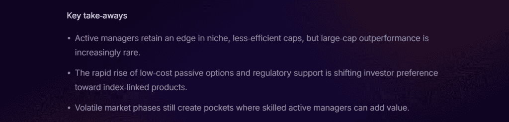 Stoxo shows large-cap outperformance is hard; skilled managers find value in mid/small caps; hybrid active–passive wins