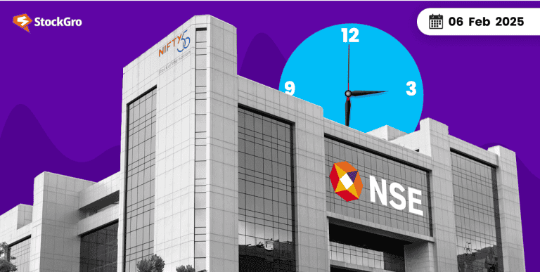NSE building with a large clock showing 3:10, modern architecture, StockGro Blogs image for finance and stock market insights, corporate office environment, clear glass windows, daytime setting.
