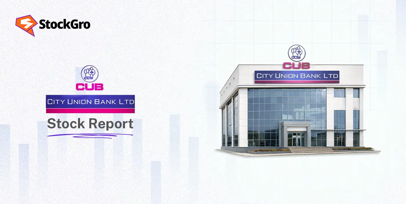 A detailed view of the City Union Bank Ltd building with signage indicating a stock report, highlighting the bank's modern architecture and corporate branding.
