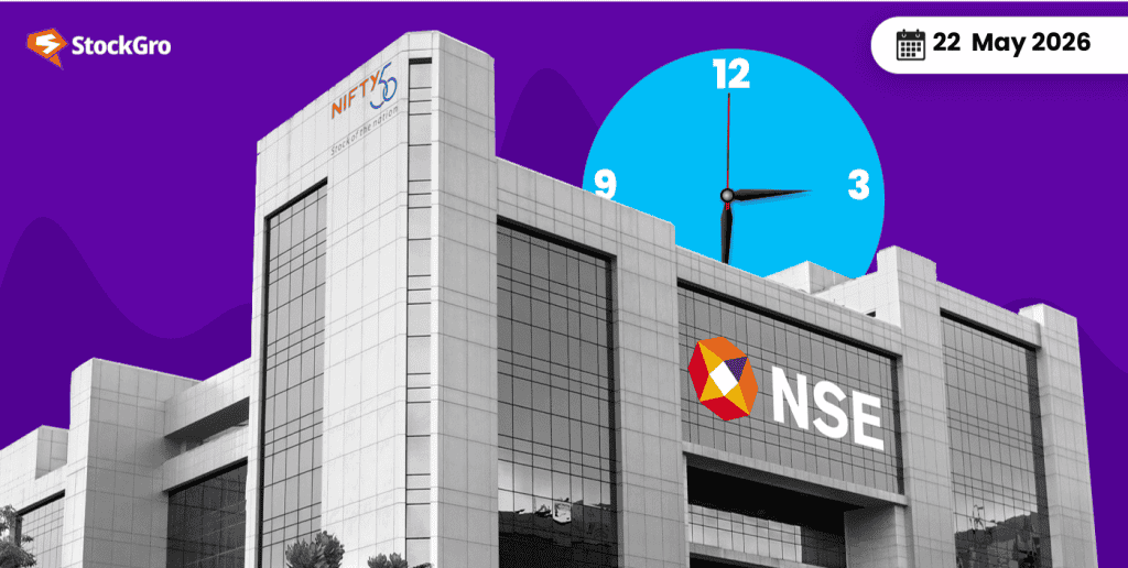 A modern stock exchange building with the NSE logo and a large clock showing 3:10, symbolizing financial markets and trading activities.