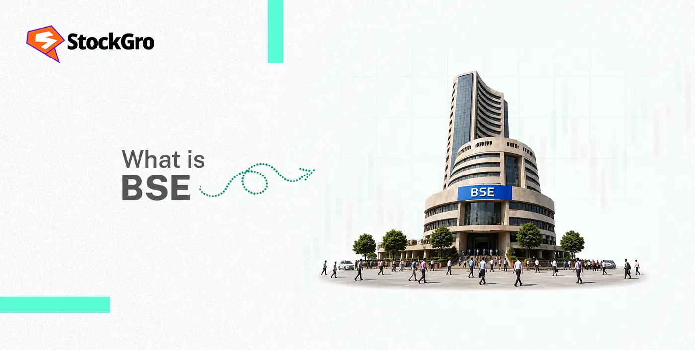Modern building with BSE logo and StockGros branding, representing the Bombay Stock Exchange in India.