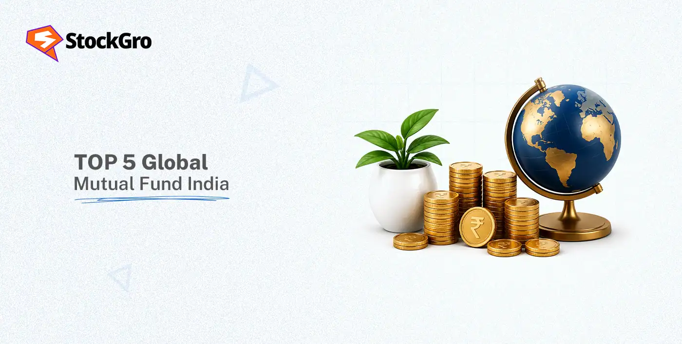 Top 5 global mutual fund India with a globe, coins, and a plant symbolizing growth and investment opportunities.