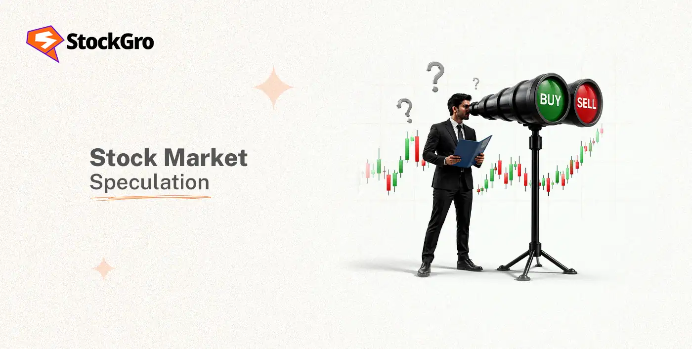 Stock market speculation concept with a man analyzing buy and sell signals on a large binoculars setup.