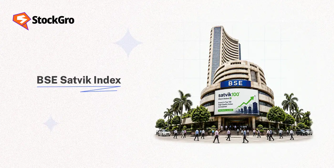 BSE Satvik Index displayed on a large digital billboard outside a modern building with palm trees and pedestrians.