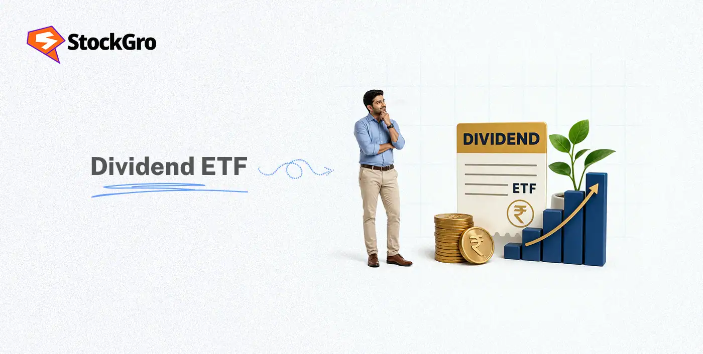 Illustration of a man contemplating dividend ETFs with a growth chart, coins, and a plant, highlighting investment in dividend exchange-traded funds.