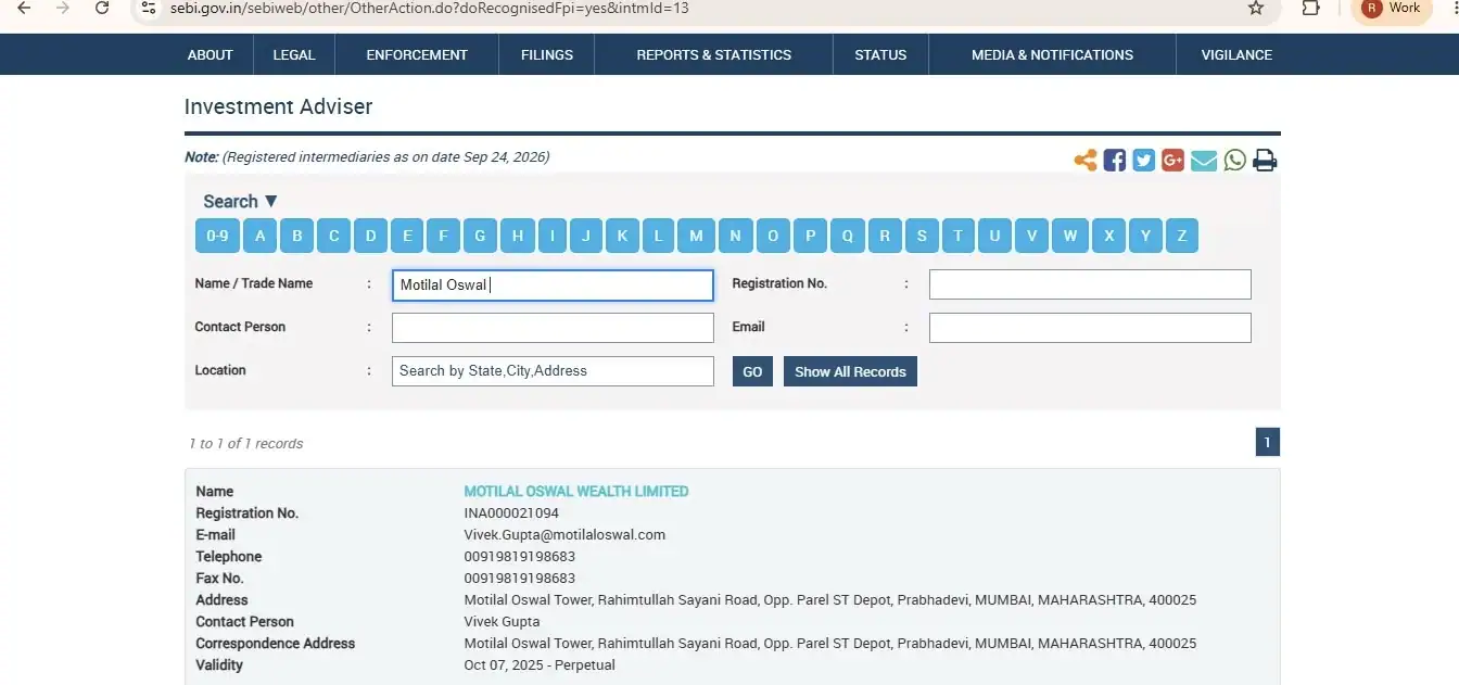 SEBI Investment Adviser search result for Motilal Oswal Wealth Limited showing its registration number and validity