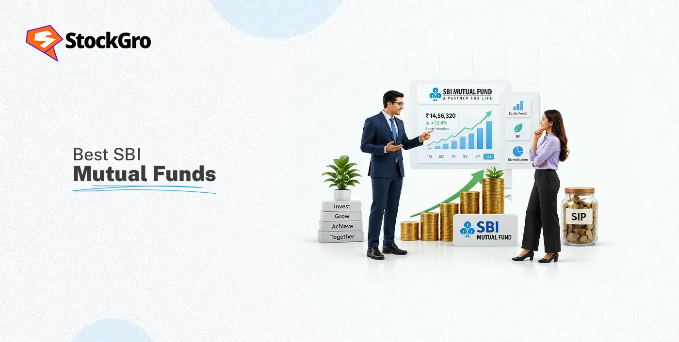 Two professionals discussing SBI mutual funds investment strategies with financial charts and growth graphs in the background.