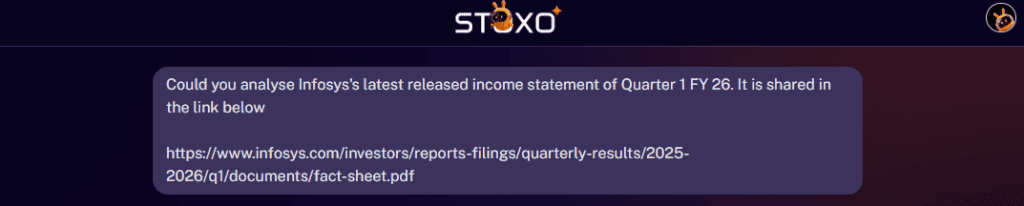 stoxo AI tool analyzing an income statement of infosys