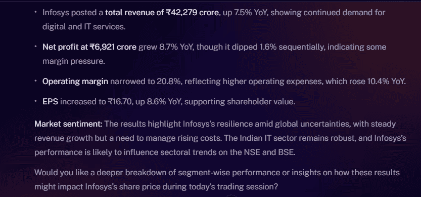 Stoxo AI dashboard showing Infosys’ income statement analysis, highlighting growth in revenue and net profits over time with clear visual indicators.