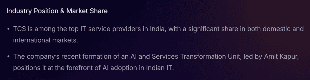 TCS share analysis report with industry position & market share