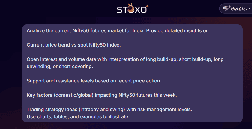 Stoxo Nifty50 futures trading prompt with AI insights, chart analysis, and custom strategy options.