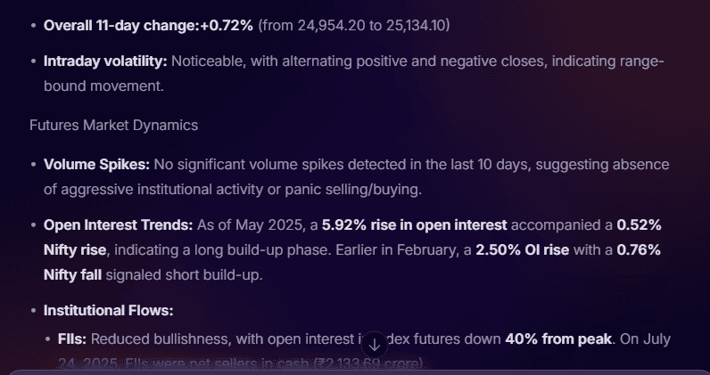 Stoxo provides Nifty50 price movement ranges, potential entry/exit points for futures trades, and updates on volume trends, volatility, and market dynamics.