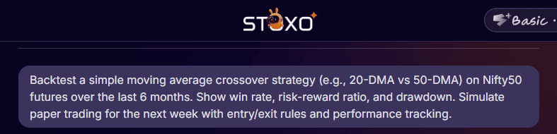 Stoxo uses AI for paper trading and backtesting futures, testing strategies with artificial money in a simulated environment.