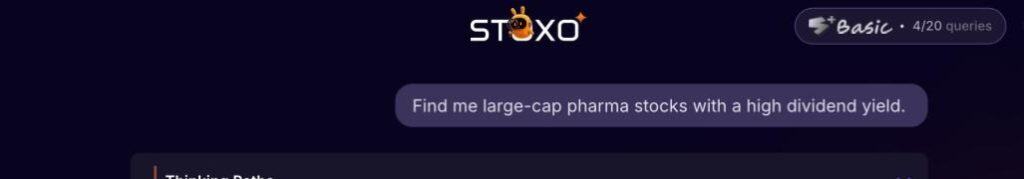 User asking Stoxo — ‘Find large-cap pharma stocks with high dividend yield’ — showing AI-based stock search.