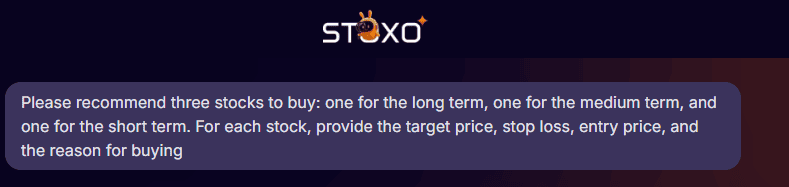Shows how a customised AI prompt is used to generate stock recommendations for short, medium, and long-term investments.