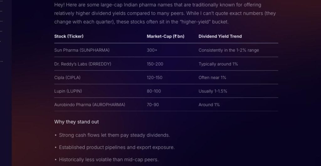 Stoxo detailed response for large-cap pharma stocks query showing structured modules and insights