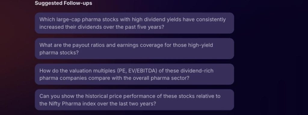 Stoxo suggested follow-ups section showing contextual prompts for deeper investment research