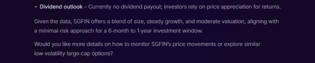 Stoxo interface showing beginner-friendly stock picks for 6–12 months with low risk and clear investment insights.