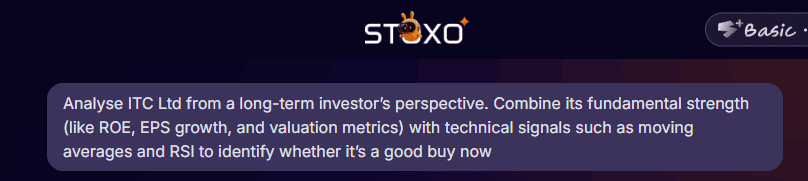User entering a custom prompt in Stoxo AI to analyse stock performance and financial trends.