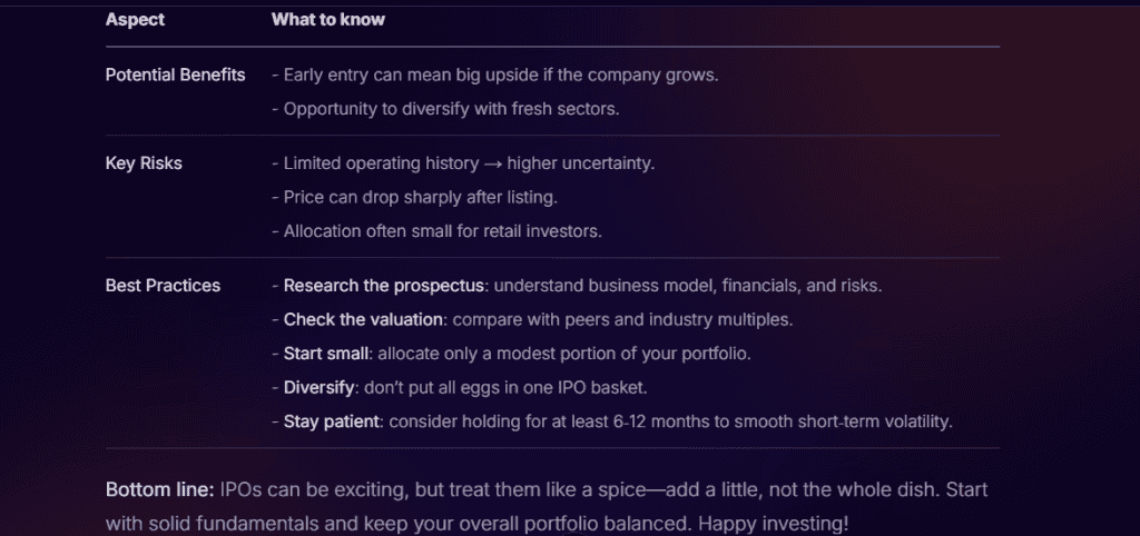 Stoxo example query showing beginner asking about IPO investment with structured, research-backed response