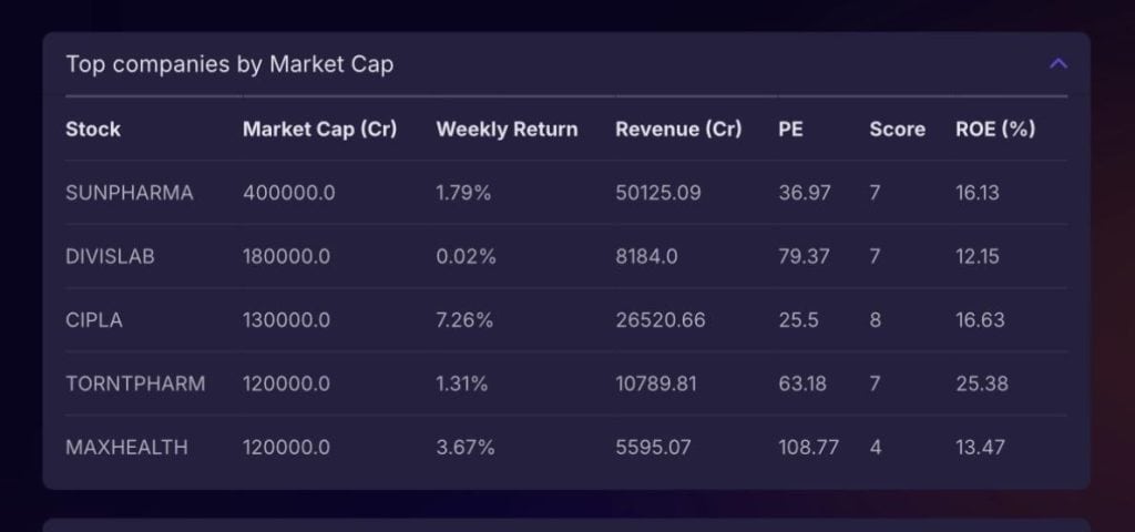 Table showing top healthcare companies by market cap with revenue, P/E ratio, and ROE.