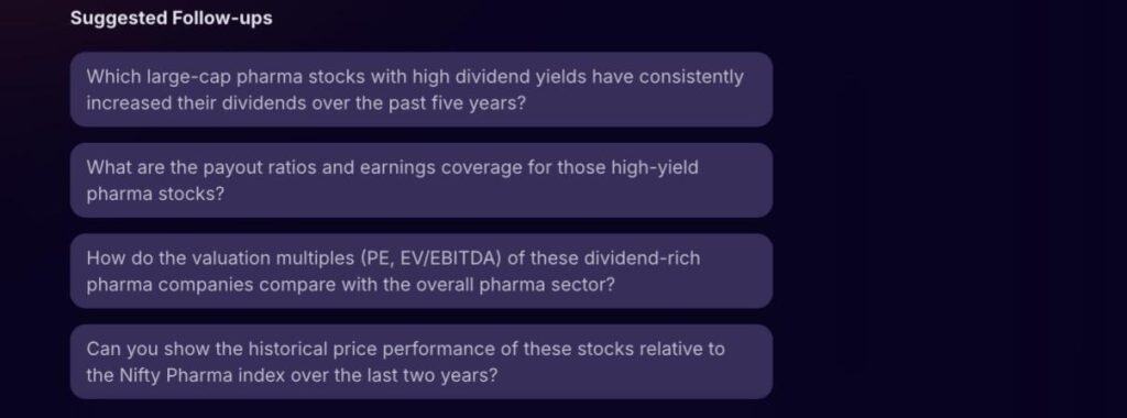Stoxo interface showing suggested follow-up prompts for deeper stock research.
