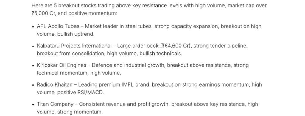Five companies breaking key resistance levels with high volume, supported by strong fundamentals.